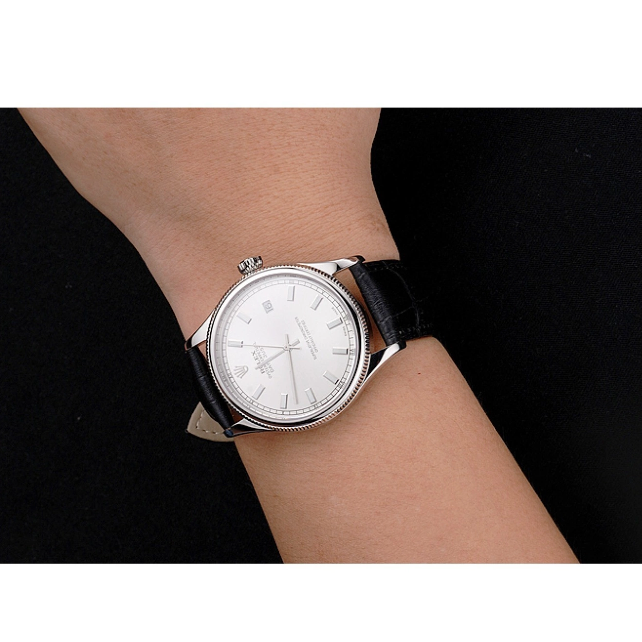 Good copy rolex watches Leather Case Datejust Stainless Dial Swiss Black White Strap Rolex Steel 0725